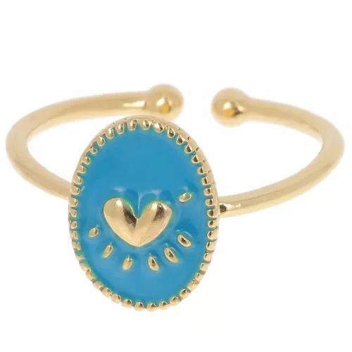 Bague ovale ajustable avec résine époxy - motif coeur - Doré à l'or fin - Bleu