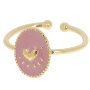 Bague ovale ajustable avec résine époxy motif coeur - Doré à l'or fin - Vieux rose