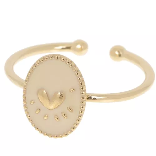 Bague ovale ajustable avec résine époxy motif coeur - Doré à l'or fin - Nude
