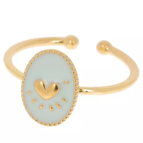 Bague ovale ajustable & résine époxy motif coeur Doré à l'or fin - Bleu ciel