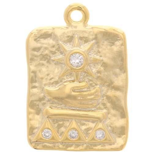 Pendentif rectangle martelé 19x13mm motif egyptien - oxydes de Zirconium - Doré x1