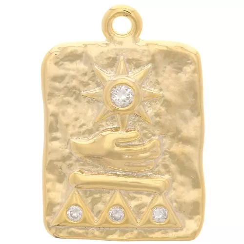 Pendentif rectangle martelé 19x13mm motif egyptien - oxydes de Zirconium - Doré x1