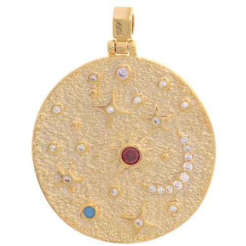 Pendentif rond irrégulier 29 mm - soleil & étoiles avec oxydes de Zirconium Doré - Multicolore
