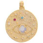 Pendentif rond irrégulier 27 mm - oeil & étoiles avec oxydes de Zirconium - Doré - Multicolore|raw }}