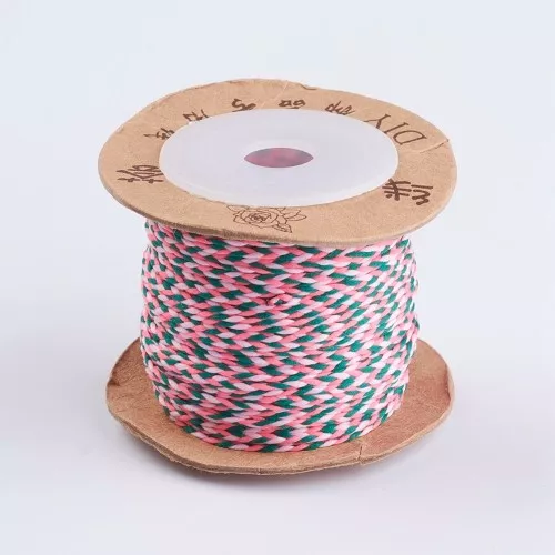 Cordon en coton tressé plat 2 mm - Rose fluo - Rose clair - Vert foncé x1m