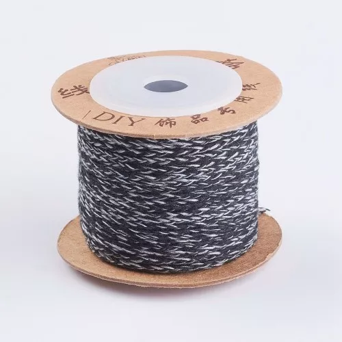 Cordon en coton tressé plat 2 mm - Noir - Gris x1m
