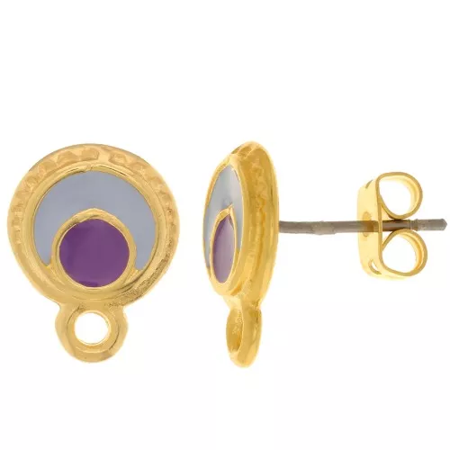 Clous d'oreilles ronds 10.5 mm avec résine époxy - Doré à l'or fin - Violet x2