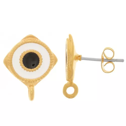 Clous d'oreilles losange 17x13.5 mm avec résine époxy - Doré à l'or fin - Blanc x2
