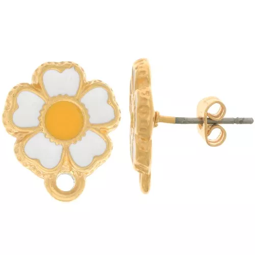 Clous d'oreilles marguerite 13 mm avec résine époxy - Doré à l'or fin - Blanc x2