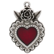 Pendentif coeur avec fleur 27x18mm & résine époxy Placage Argent fin vieil - Rouge