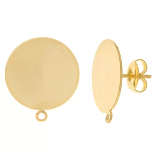 Clous d'oreilles disque 16 mm avec anneau - Doré à l'or fin x2