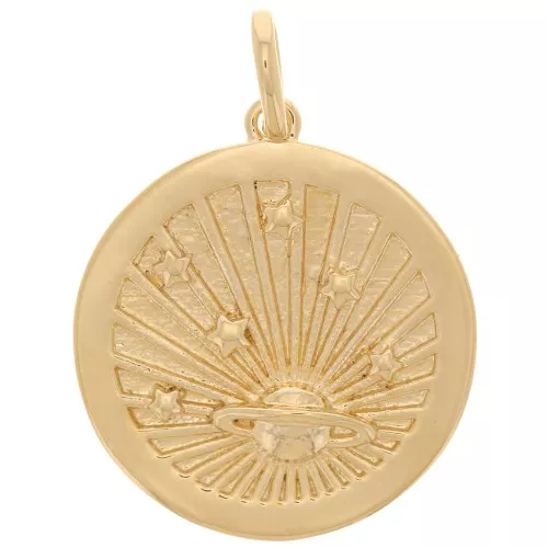 Pendentif rond 20 mm - motif planète et étoiles - Plaqué Or 3 microns x1