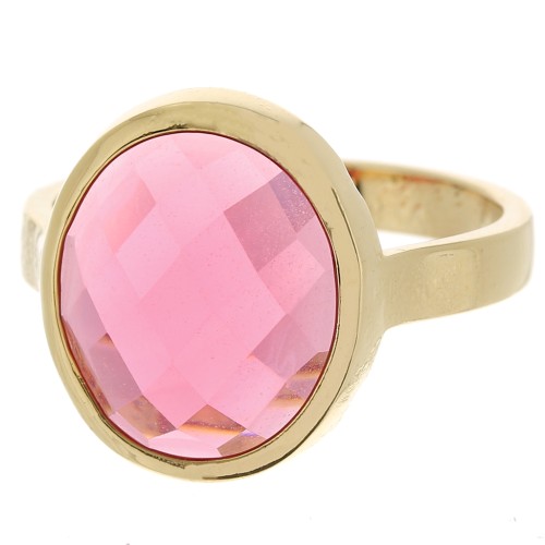 Bague ovale avec cabochon facetté en verre Taille 56 Plaqué Or 3 microns - Rose x1