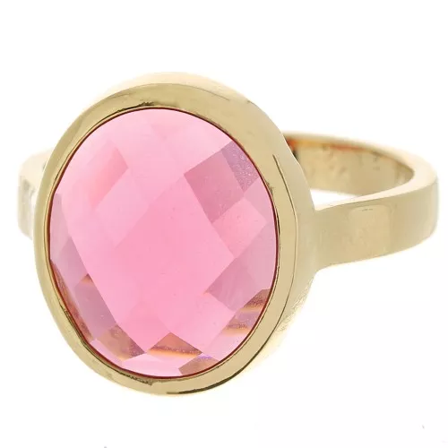 Bague ovale avec cabochon facetté en verre Taille 60 Plaqué Or 3 microns - Rose x1