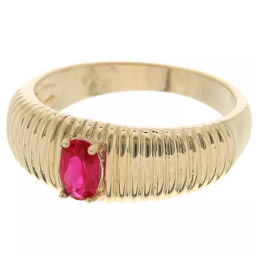 Bague striée avec pierre facettée en verre Taille 52 Plaqué Or 3 microns Rouge x1