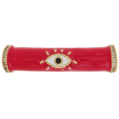 Perle tube incurvé en résine époxy & oxydes de Zirconium 33x8 mm motif oeil - Doré - Rouge x1