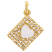 Breloque rectangle avec oxydes de Zirconium motif coeur en résine époxy 13x9 mm - Doré - Blanc