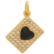 Breloque rectangle avec oxydes de Zirconium motif coeur en résine époxy 13x9 mm - Doré - Noir
