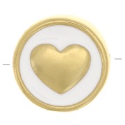 Perle plate ronde motif coeur - en résine époxy 11 mm - Doré - Blanc x1|raw }}