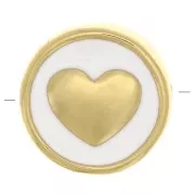 Perle plate ronde motif coeur - en résine époxy 11 mm - Doré - Blanc x1