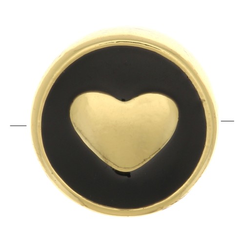 Perle plate ronde motif coeur - en résine époxy 11 mm - Doré - Noir x1
