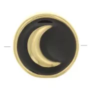 Perle plate ronde motif lune - en résine époxy 11 mm - Doré - Noir x1