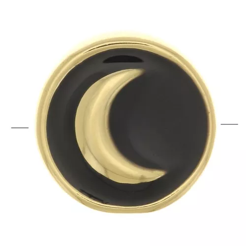 Perle plate ronde motif lune - en résine époxy 11 mm - Doré - Noir x1