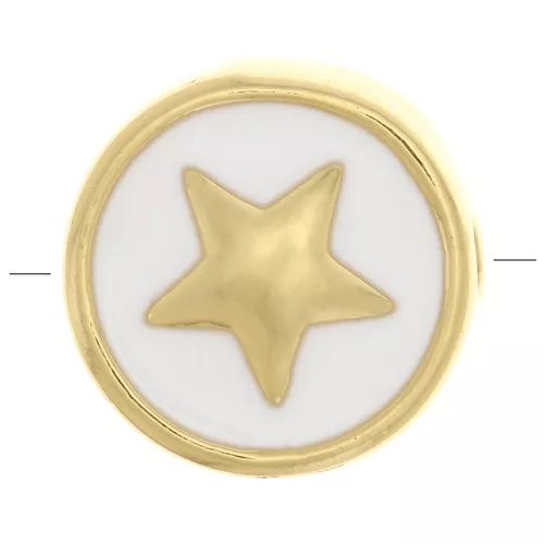 Perle plate ronde motif étoile - en résine époxy 11 mm - Doré - Blanc x1