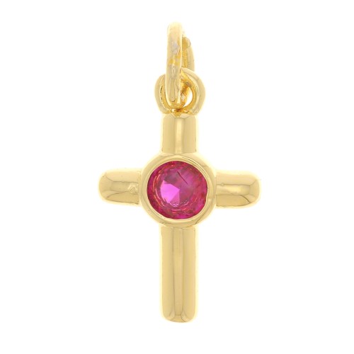Breloque croix avec oxyde de Zirconium12x8 mm - Doré - Fuchsia x1