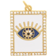 Pendentif rectangle motif oeil - résine époxy et oxydes de Zirconium 21x15mm - Doré - Blanc x1