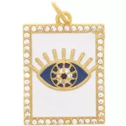 Pendentif rectangle motif oeil - résine époxy et oxydes de Zirconium 21x15mm - Doré - Blanc x1