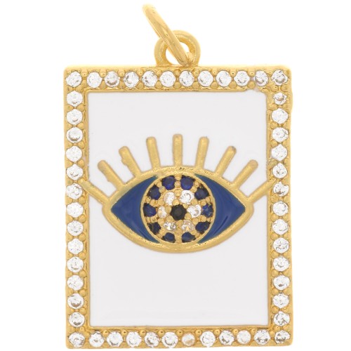 Pendentif rectangle motif oeil - résine époxy et oxydes de Zirconium 21x15mm - Doré - Blanc x1