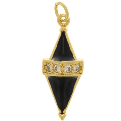 Pendentif losange en résine époxy et oxydes de Zirconium 25x10 mm - Doré - Noir - Crystal x1