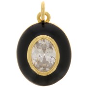 Pendentif ovale en résine époxy et oxyde de Zirconium 18x13 mm - Doré - Noir - Crystal x1