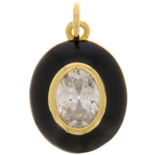 Pendentif ovale en résine époxy et oxyde de Zirconium 18x13 mm - Doré - Noir - Crystal x1
