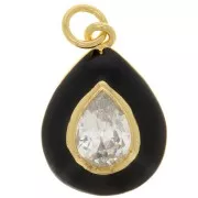 Pendentif goutte en résine époxy et oxyde de Zirconium  19x13.5 mm - Doré - Noir - Crystal x1