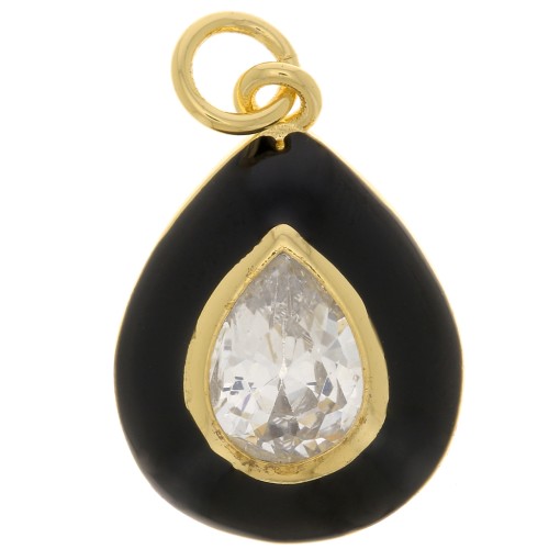Pendentif goutte en résine époxy et oxyde de Zirconium  19x13.5 mm - Doré - Noir - Crystal x1