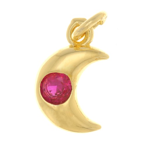 Breloque lune avec oxyde de Zirconium 10x6.5 mm - Doré - Fuchsia x1