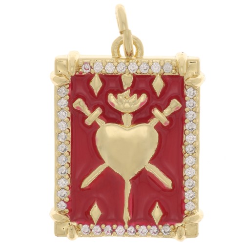 Pendentif plaque motif coeur résine époxy et oxydes de Zirconium 20x15 mm - Doré - Rouge
