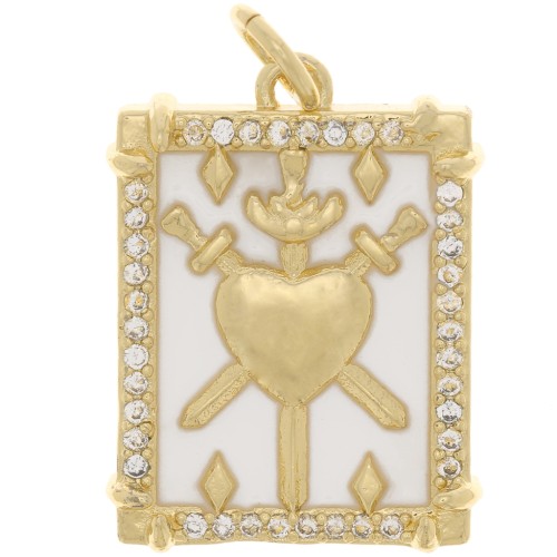 Pendentif plaque motif coeur résine époxy et oxydes de Zirconium 20x15 mm - Doré - Blanc