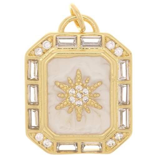 Pendentif plaque motif soleil - résine époxy et oxydes de Zirconium 23x17.5mm - Doré - Crème