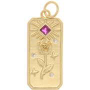 Pendentif plaque motif rose et soleil avec oxydes de Zirconium 23x10 mm - Doré - Fuchsia x1