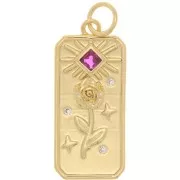 Pendentif plaque motif rose et soleil avec oxydes de Zirconium 23x10 mm - Doré - Fuchsia x1
