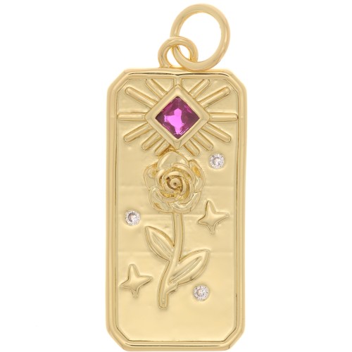 Pendentif plaque motif rose et soleil avec oxydes de Zirconium 23x10 mm - Doré - Fuchsia x1