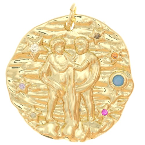 Pendentif rond irrégulier 21.5 mm avec oxydes de Zirconium - signe du zodiaque Gémeaux - Doré
