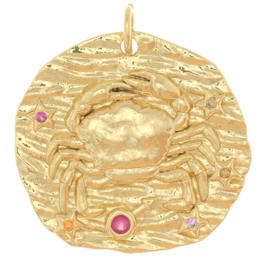 Pendentif rond irrégulier 22 mm avec oxydes de Zirconium - signe du zodiaque Cancer - Doré x1