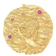Pendentif rond irrégulier 21 mm avec oxydes de Zirconium - signe du zodiaque Lion - Doré x1