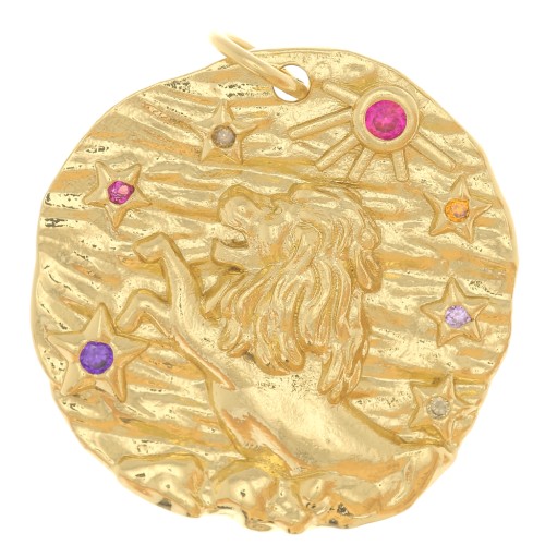 Pendentif rond irrégulier 21 mm avec oxydes de Zirconium - signe du zodiaque Lion - Doré x1