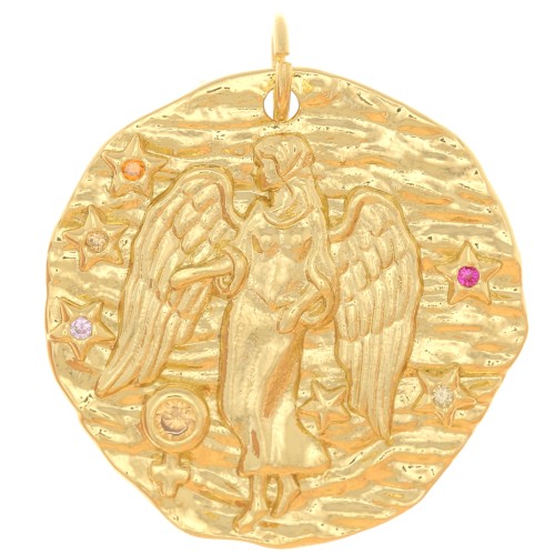 Pendentif rond irrégulier 22 mm avec oxydes de Zirconium - signe du zodiaque Vierge - Doré x1