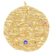 Pendentif rond irrégulier 21 mm avec oxydes de Zirconium - signe du zodiaque Balance - Doré x1|raw }}